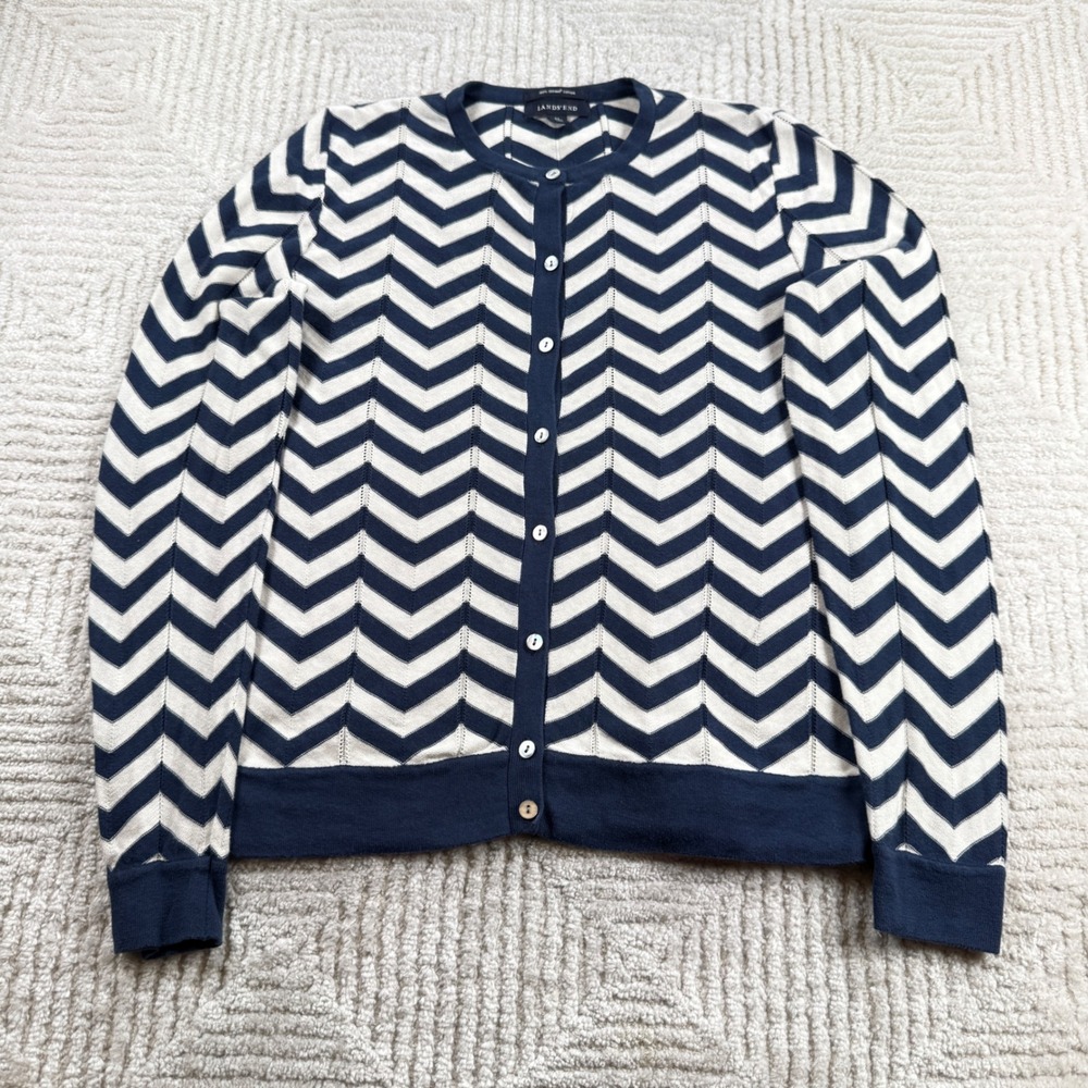 Lands End Cardigan Womens M 10-12 Navy Chevron Supima Cotton Sweater Nautical
